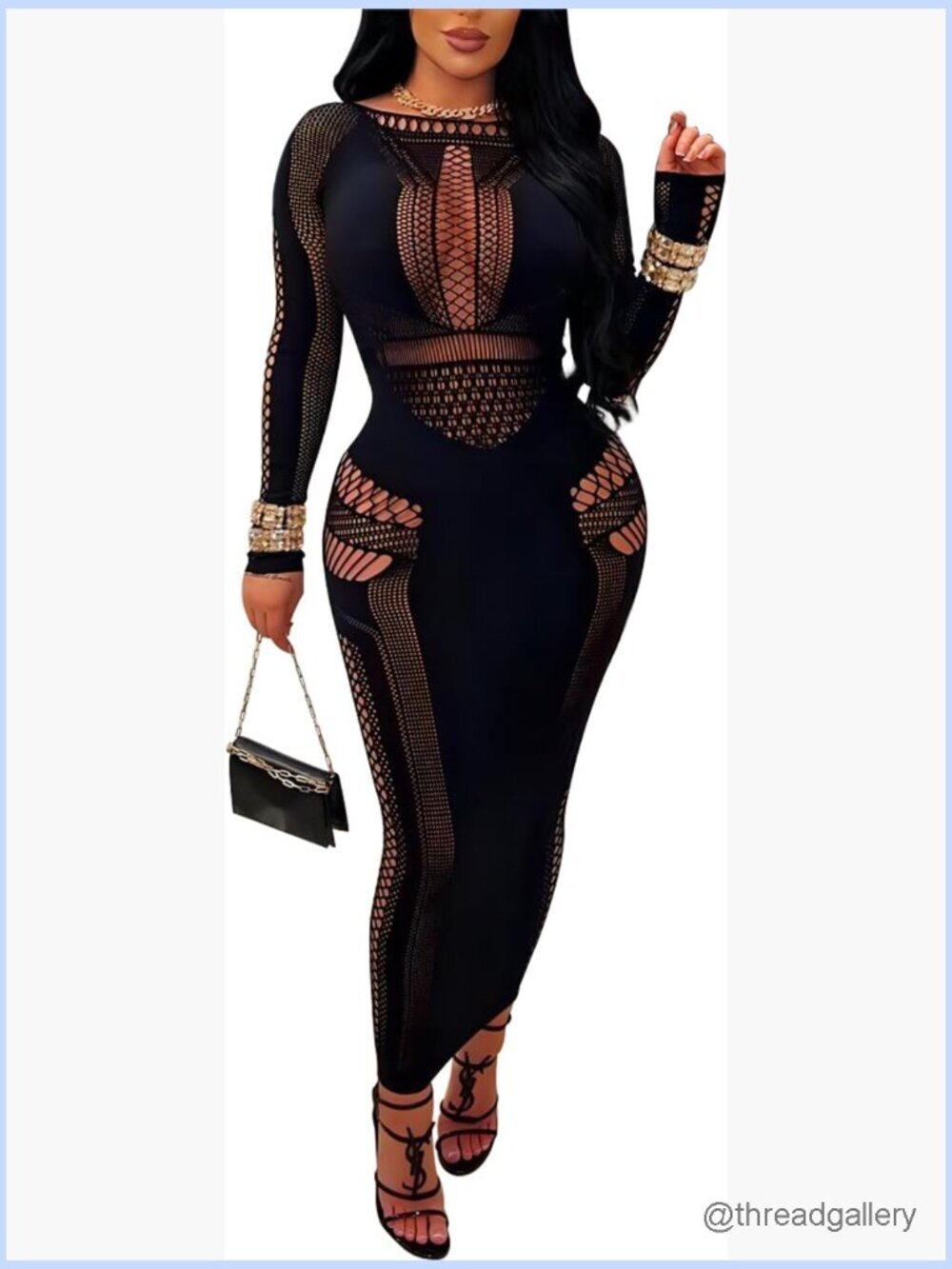 Sexy Hollow Out Long Sleeve See Through Mesh Bodycon Maxi Dress